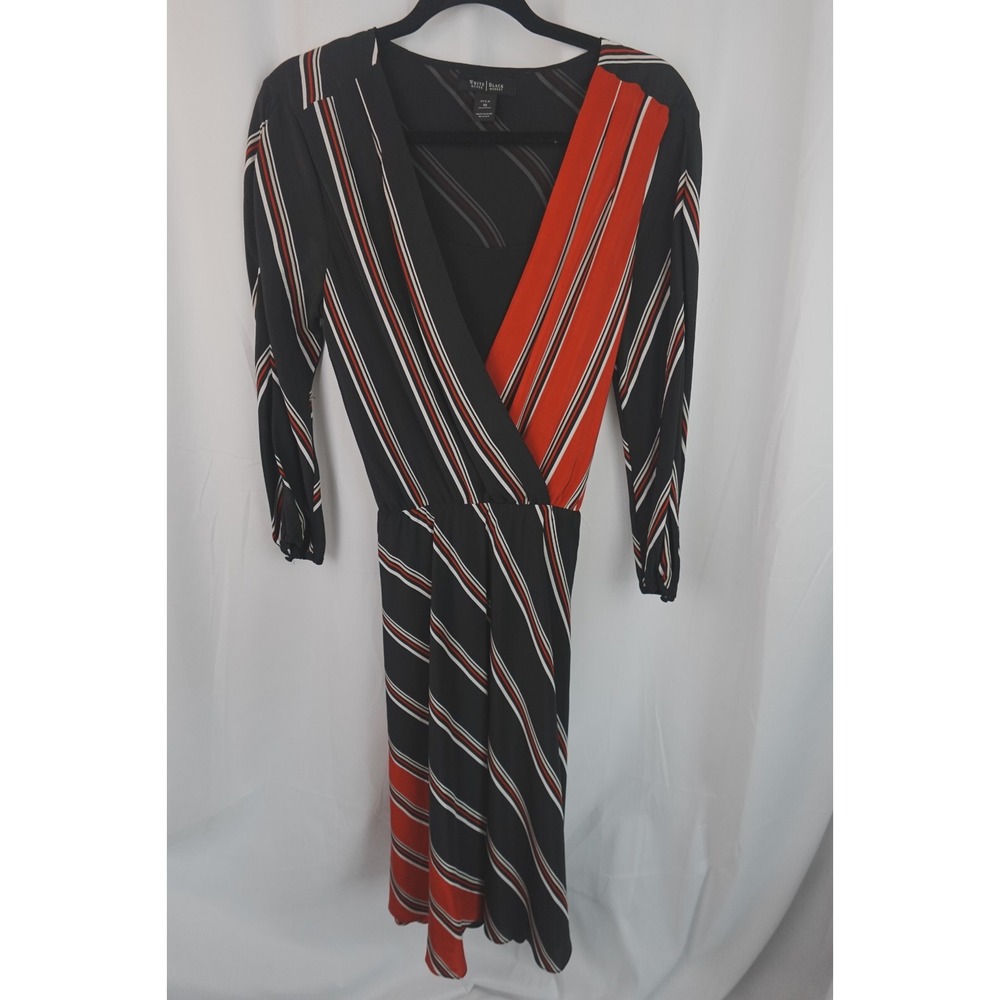 White House Black Market Women's‎ 10 Dress Striped Silk V-Neck 3/4 Sleeve Midi